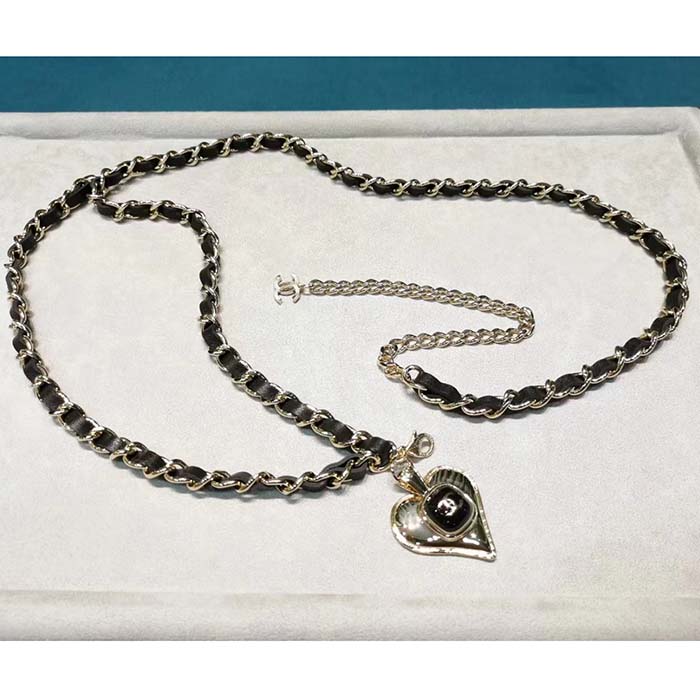 Chanel Women CC Belt Gold Metal Black Calfskin Leather Chanel Heart Shape Logo