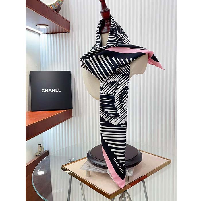 Chanel CC Women Square Scarf Silk Twill Black Light Pink
