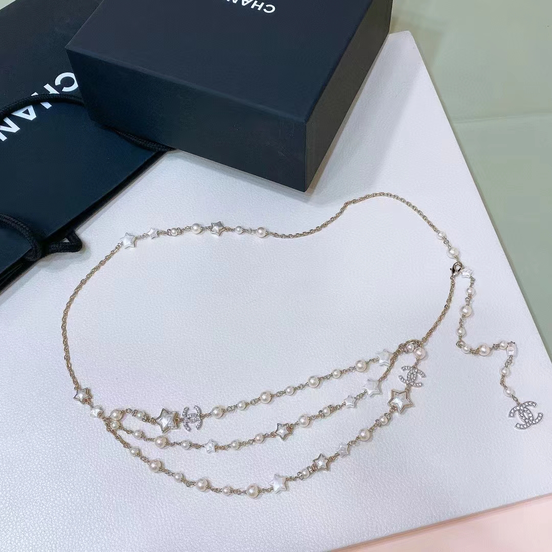 Chanel Women CC Chain Belt Metal Resin Glass Pearls Strass Gold Pearly White Crystal