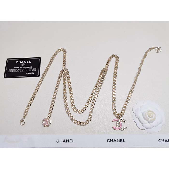 Chanel Women CC Belt Gold Tone Metal Pink Chanel Logo