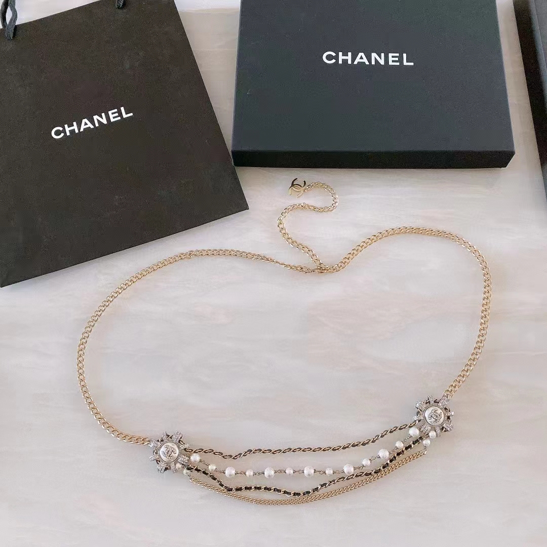Chanel Women CC Chain Belt Calfskin Glass Pearls Black Pearly White Crystal Gold Silver-Tone Metal Strass