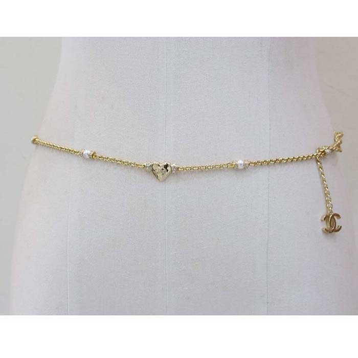 Chanel Women Chain Belt Metal Glass Pearls Strass Gold Pearly White Crystal