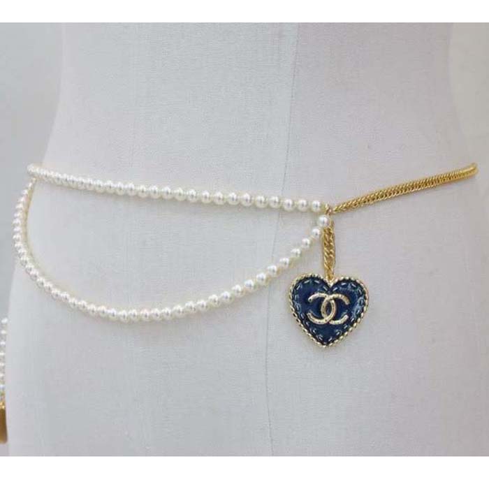 Chanel Women CC Chain Belt Metal Glass Pearls Gold Blue Pearly White
