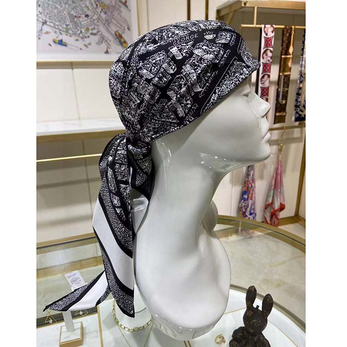 Dior Women CD Plan De Paris 90 Square Scarf Black White Silk Twill