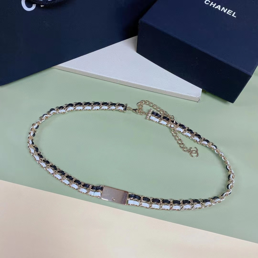 Chanel Women CC Belt Gold Tone Metal Black White Calfskin Lambskin Leather
