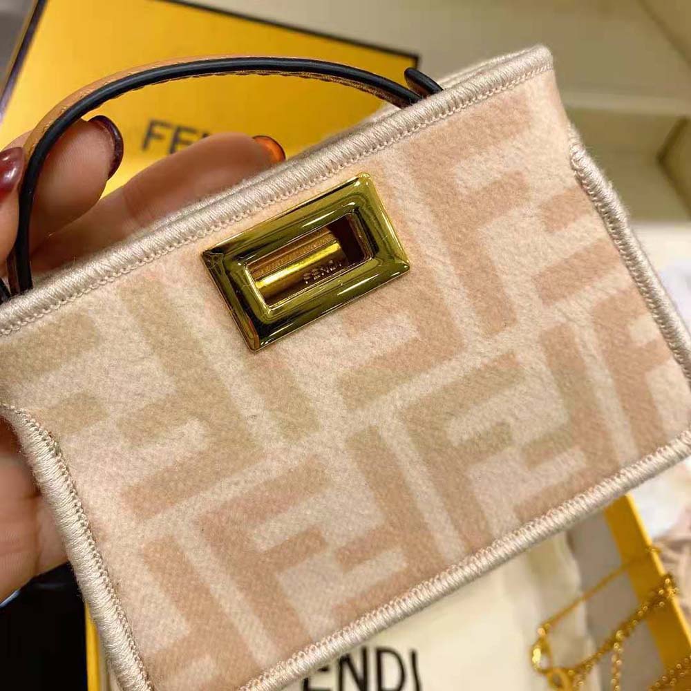 Fendi Women Nano Peekaboo Charm Beige Wool Charm-Pink