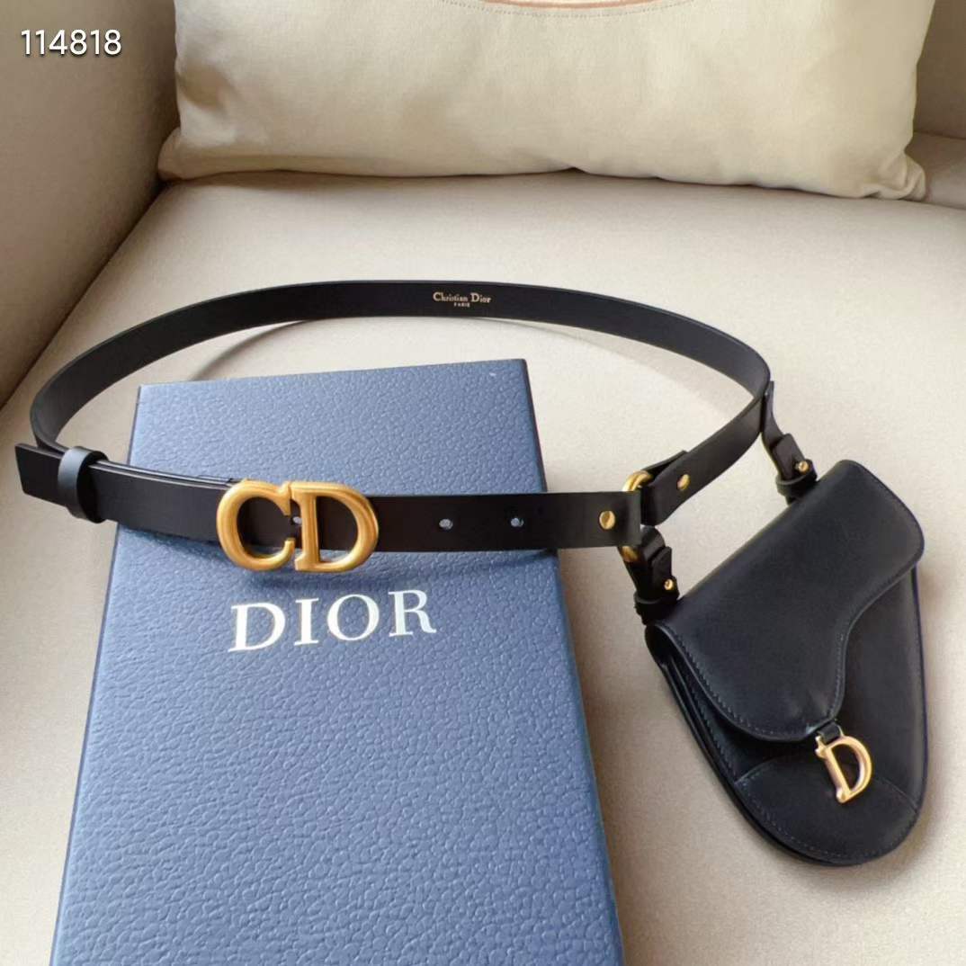 Dior CD Unisex Saddle Removable Pouch Belt Black Ultrasmooth Calfskin Goatskin
