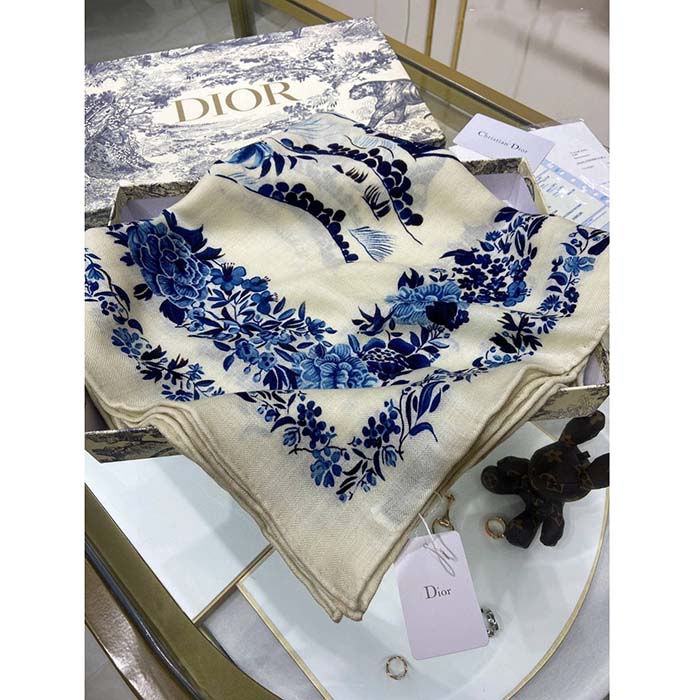 Dior Women CD Dior Jardin D’Hiver 90 Square Scarf Ivory Blue Silk Twill