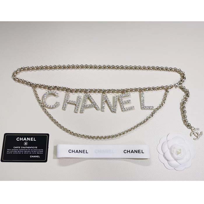 Chanel Women CC Belt Gold Tone Metal White Crystal Glass Diamond Chanel Logo