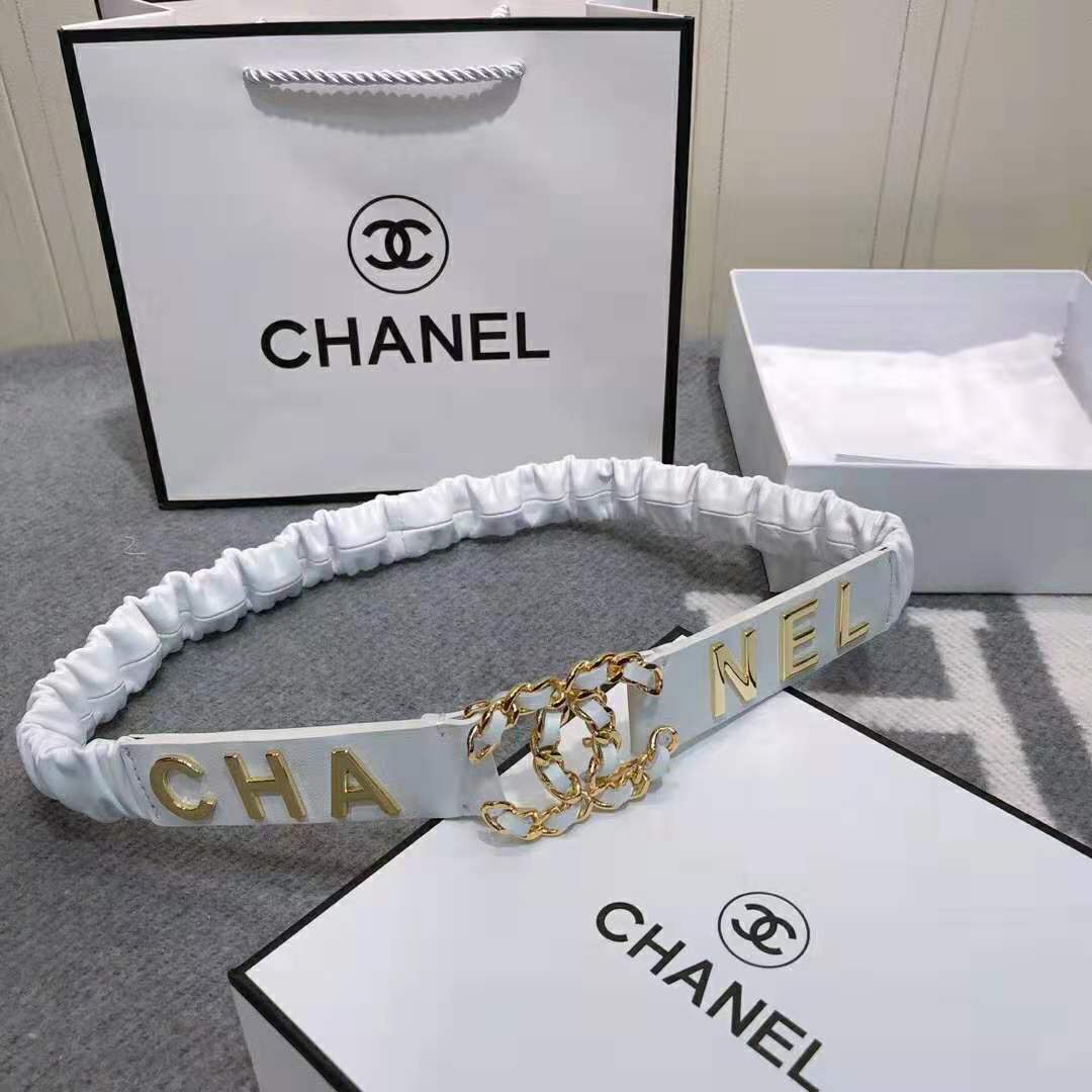 Chanel Women Goatskin & Gold-Tone Metal Belt-White