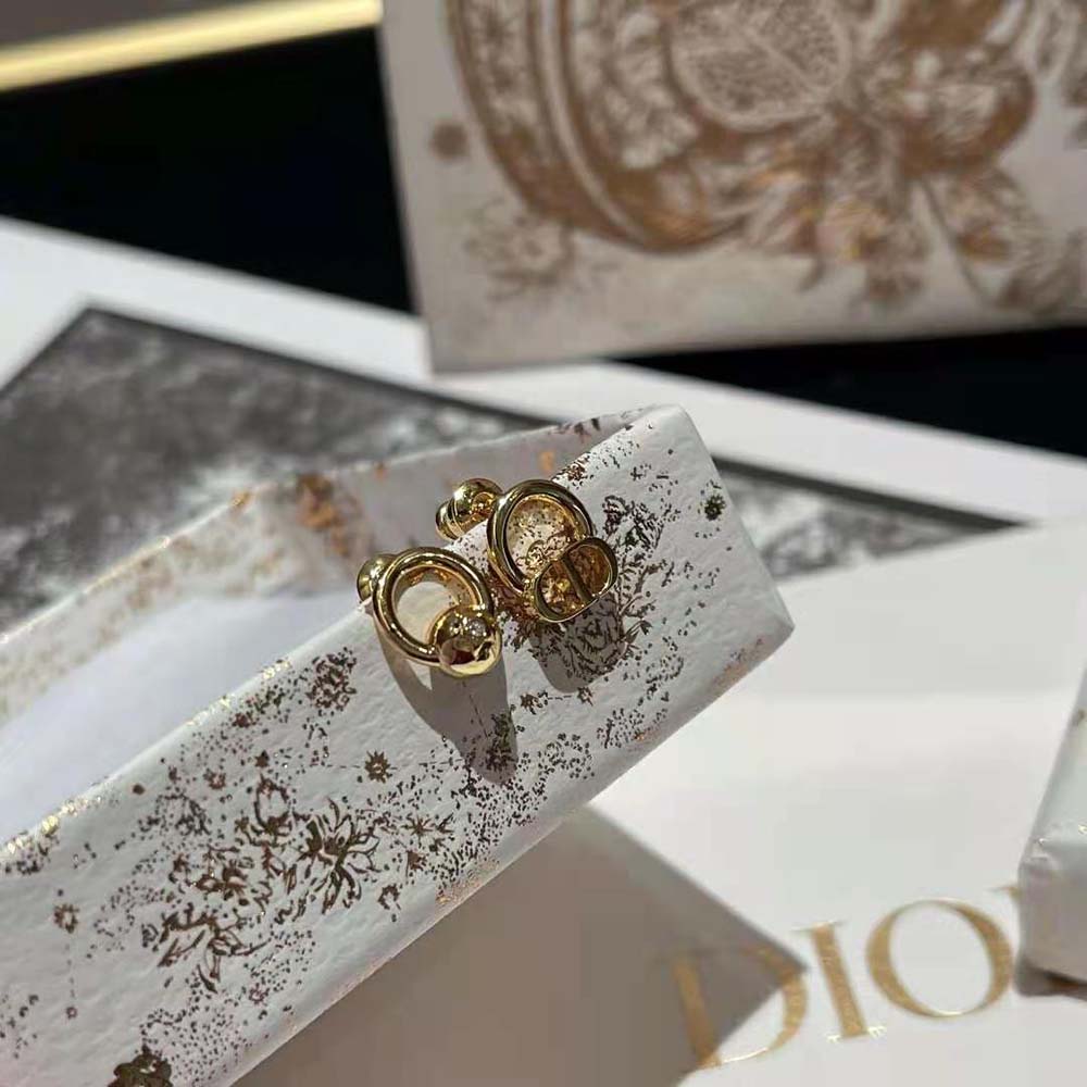 Dior Women Petit CD Stud Earrings Gold-Finish Metal with a White Crystal