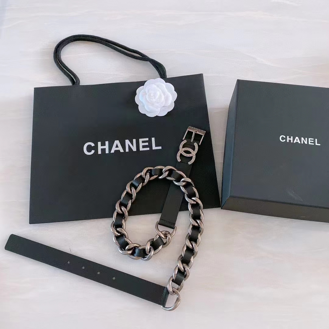 Chanel Women CC Chain Belt Calfskin Leather Silver-Tone Metal Strass Black