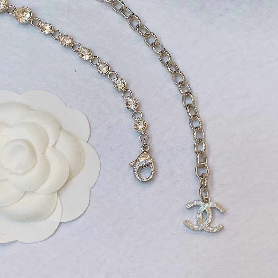 Chanel Women CC Belt Metal Strass Imitation Pearls Silver Crystal Pearly White