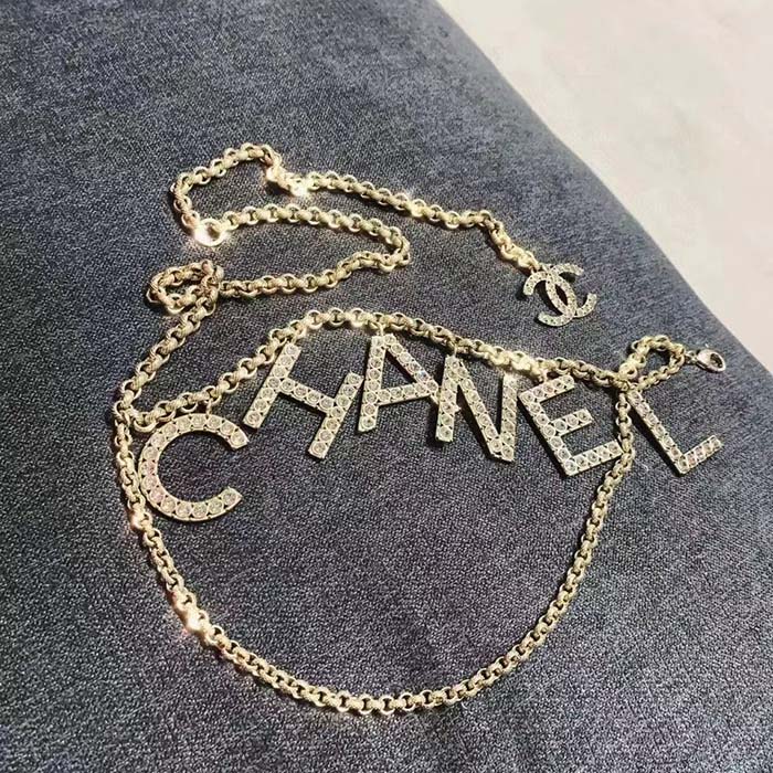 Chanel Women CC Belt Gold Tone Metal White Crystal Glass Diamond Chanel Logo
