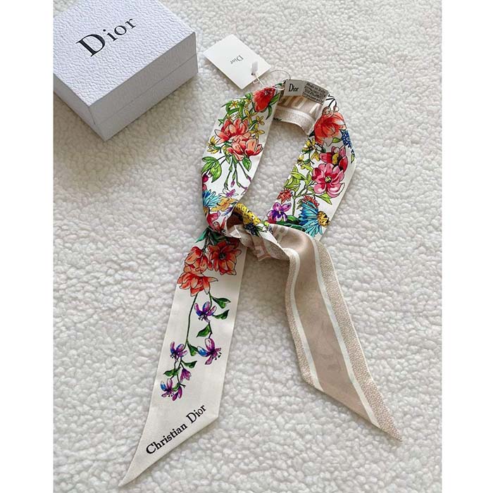 Dior Women CD D-Floral Mitzah Scarf White Multicolor Silk Twill