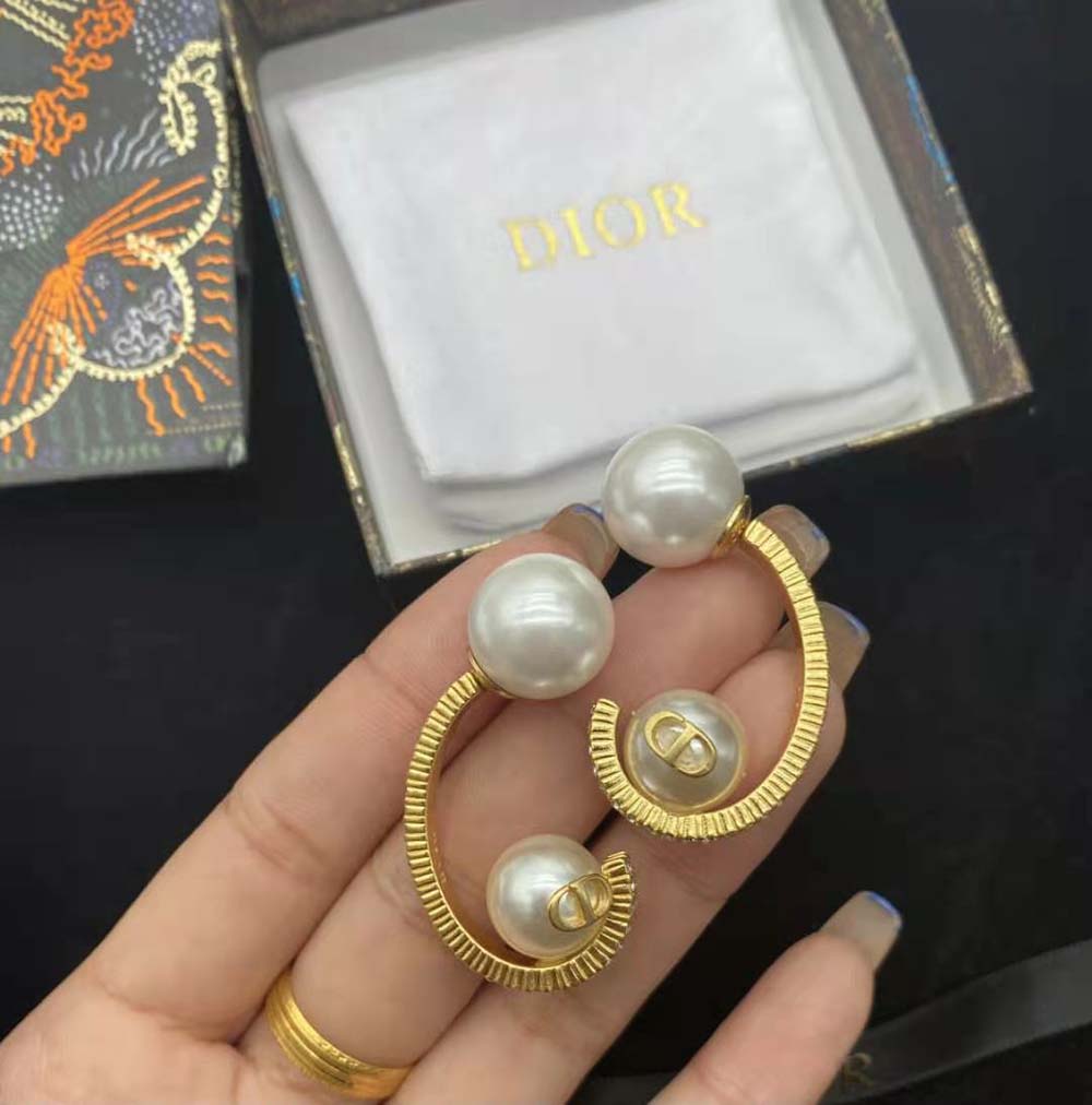 Dior Women Tribales Earrings Gold-Finish Metal with White Resin Pearls