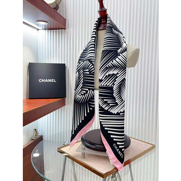 Chanel CC Women Square Scarf Silk Twill Black Light Pink