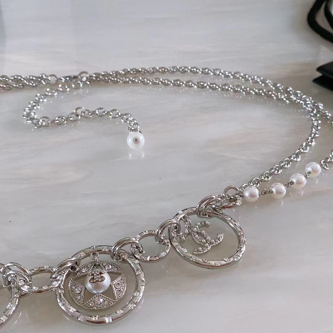 Chanel Women CC Chain Belt Metal Glass Pearls Imitation Pearls Strass Silver Pearly White Crystal