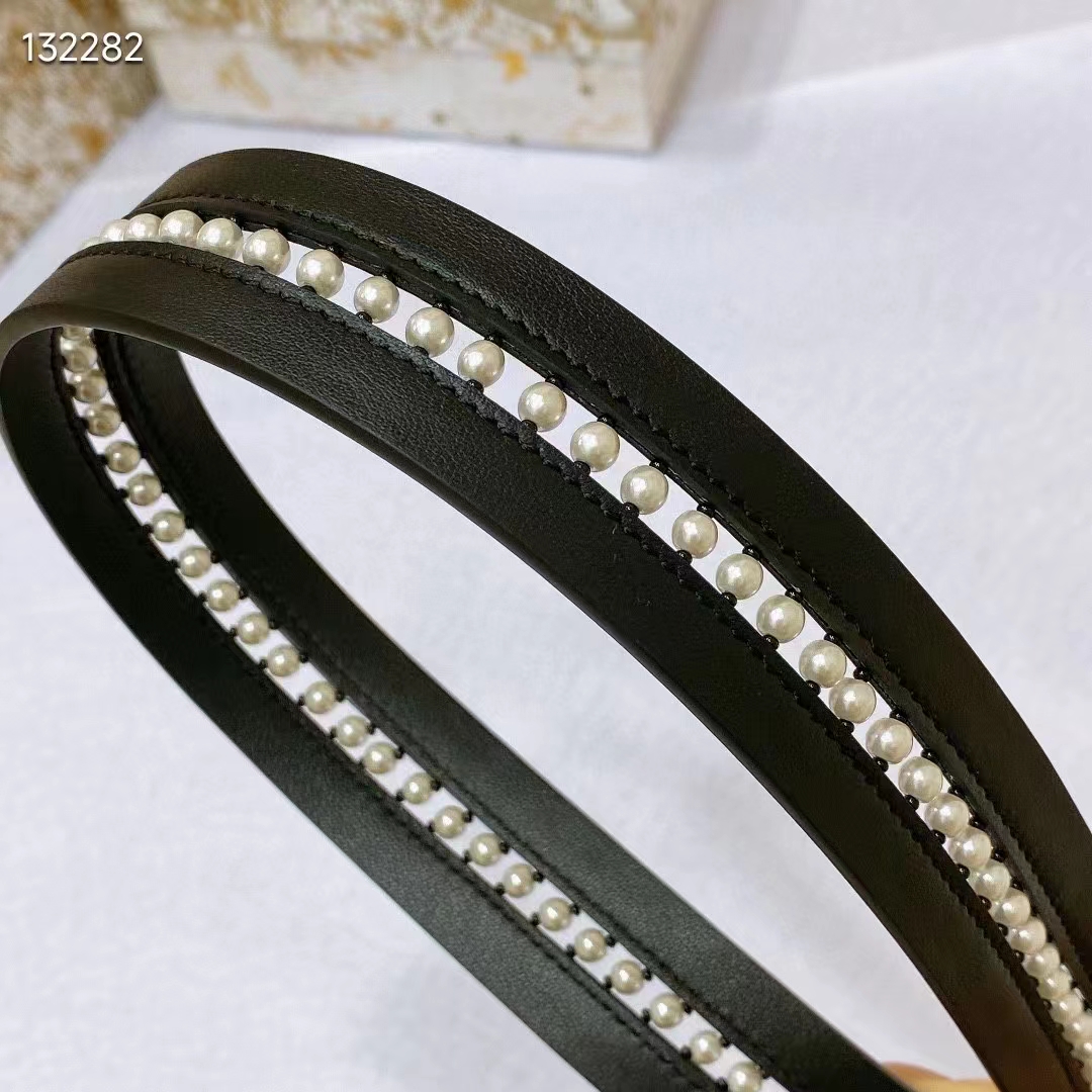 Dior CD Women 30 Montaigne Belt Aesthetic Black Smooth Calfskin White Glass Pearls 25 MM Width