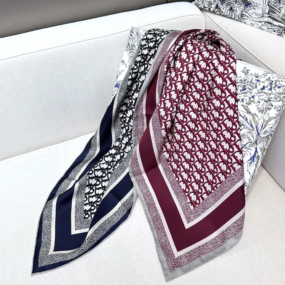 Dior Unisex Dior Oblique Diortwin 90 Square Scarf Burgundy and Navy Blue Silk Twill