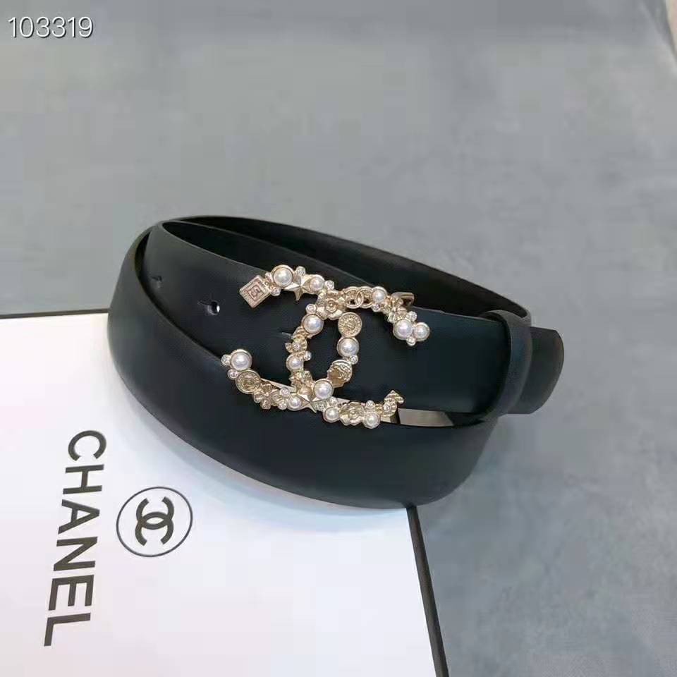 Chanel Women Calfskin Gold-Tone Metal Glass Pearls Strass & Resin Belt-Black