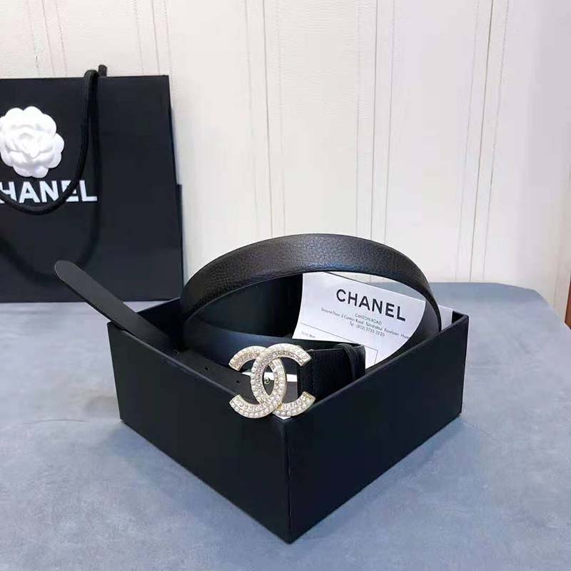 Chanel Women Calfskin & Gold Metal & Strass & Pearls Belt-Black