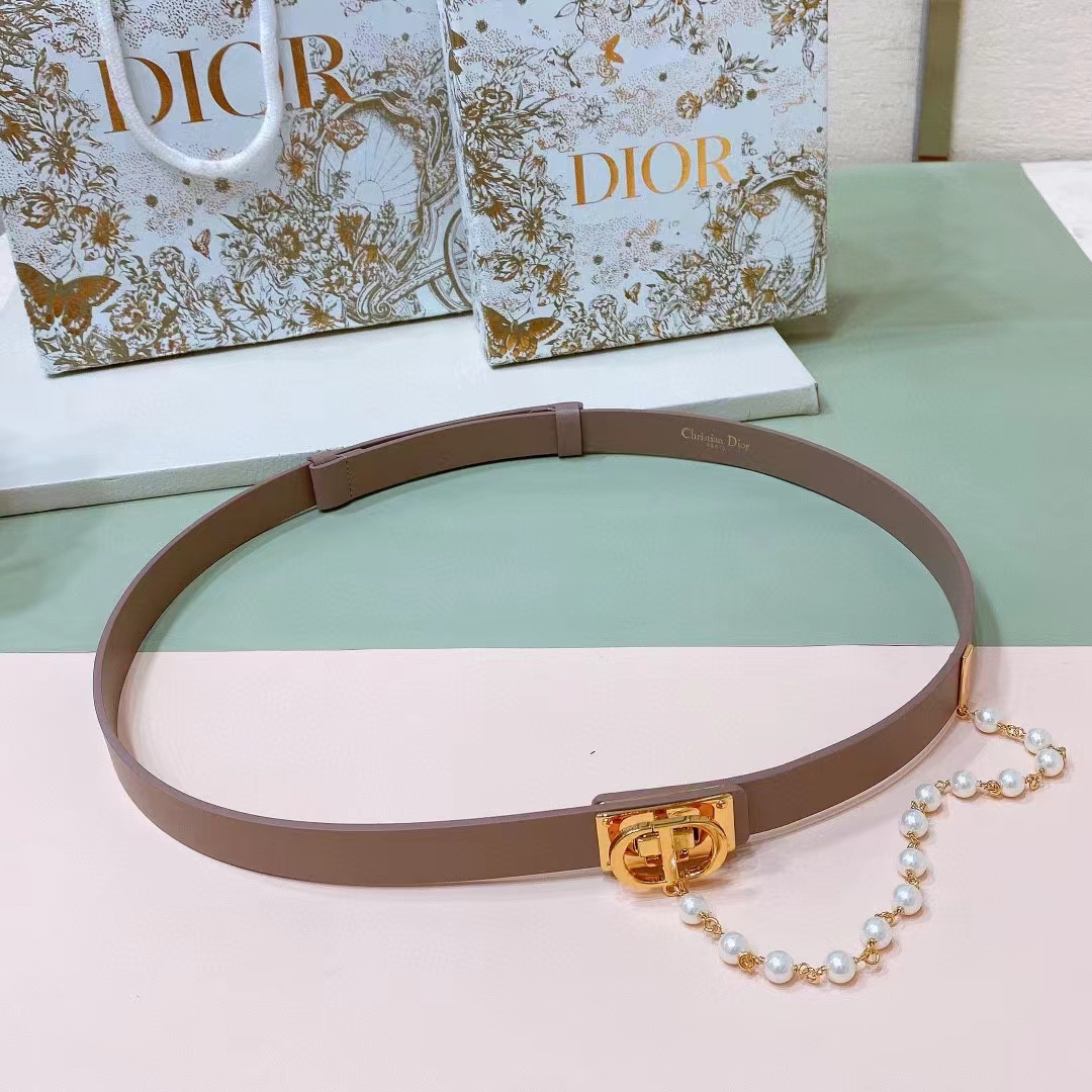 Dior Women CD Cinturon Dior Caro Belt Brown Smooth Calfskin White Glass Pearls 20 MM Width