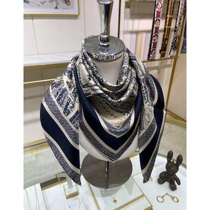 Dior Women CD Plan De Paris 90 Square Scarf Beige Black Silk Twill