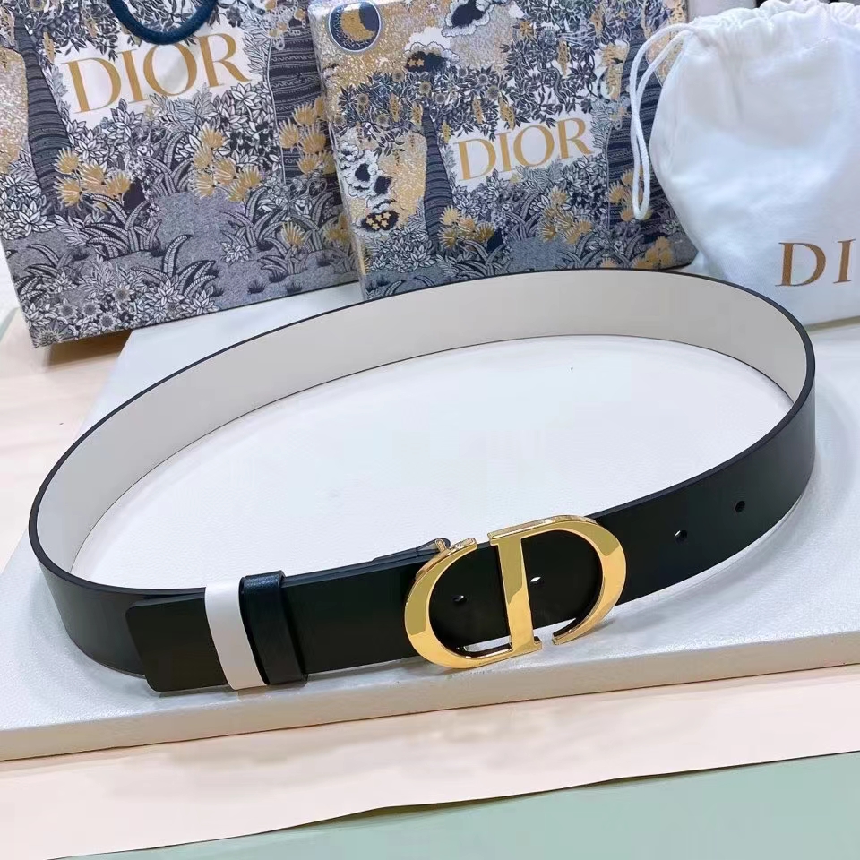 Dior CD Unisex 30 Montaigne Reversible Belt Black Latte Smooth Calfskin 35 MM Width