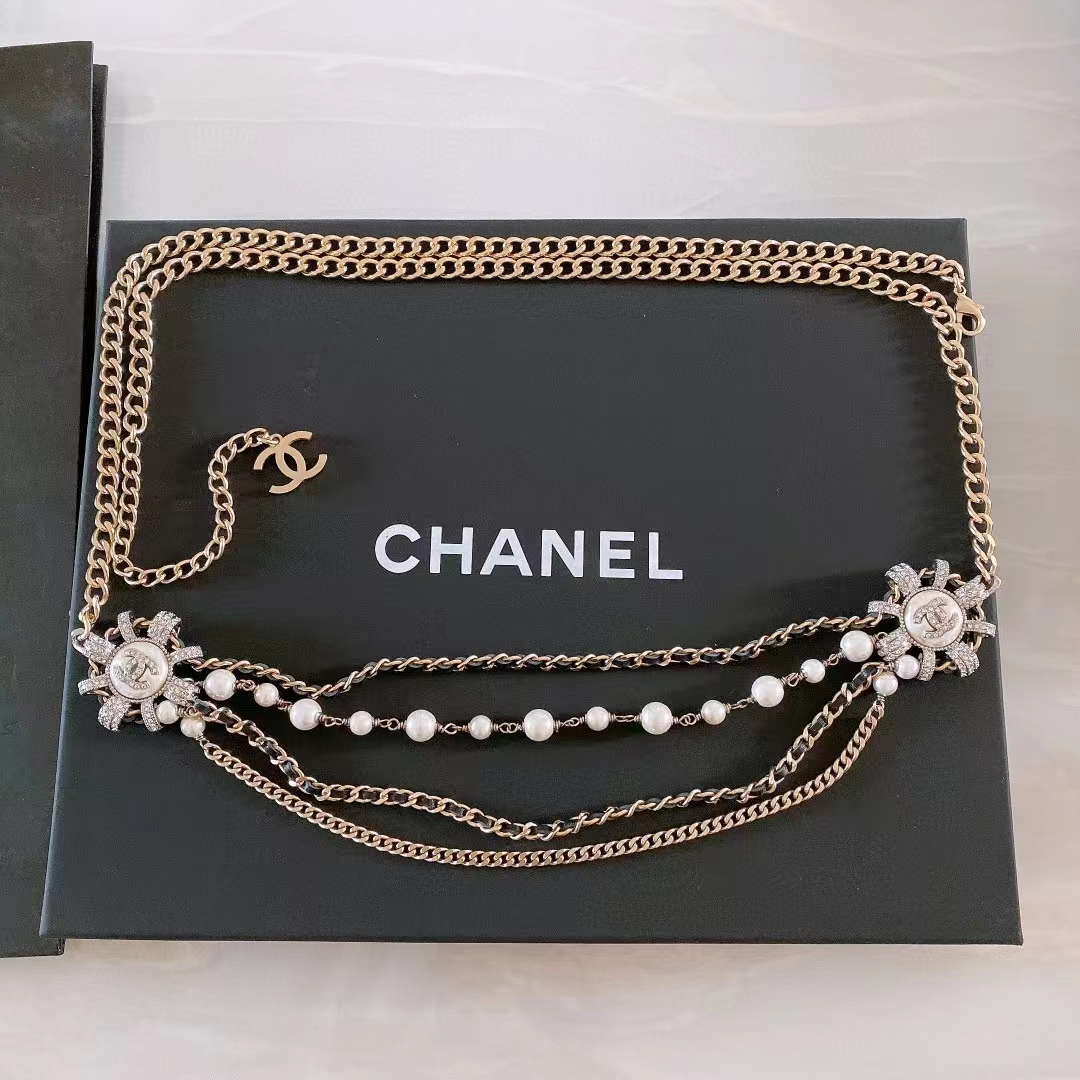Chanel Women CC Chain Belt Calfskin Glass Pearls Black Pearly White Crystal Gold Silver-Tone Metal Strass