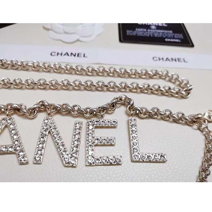 Chanel Women CC Belt Gold Tone Metal White Crystal Glass Diamond Chanel Logo