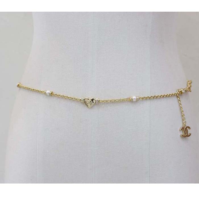 Chanel Women Chain Belt Metal Glass Pearls Strass Gold Pearly White Crystal