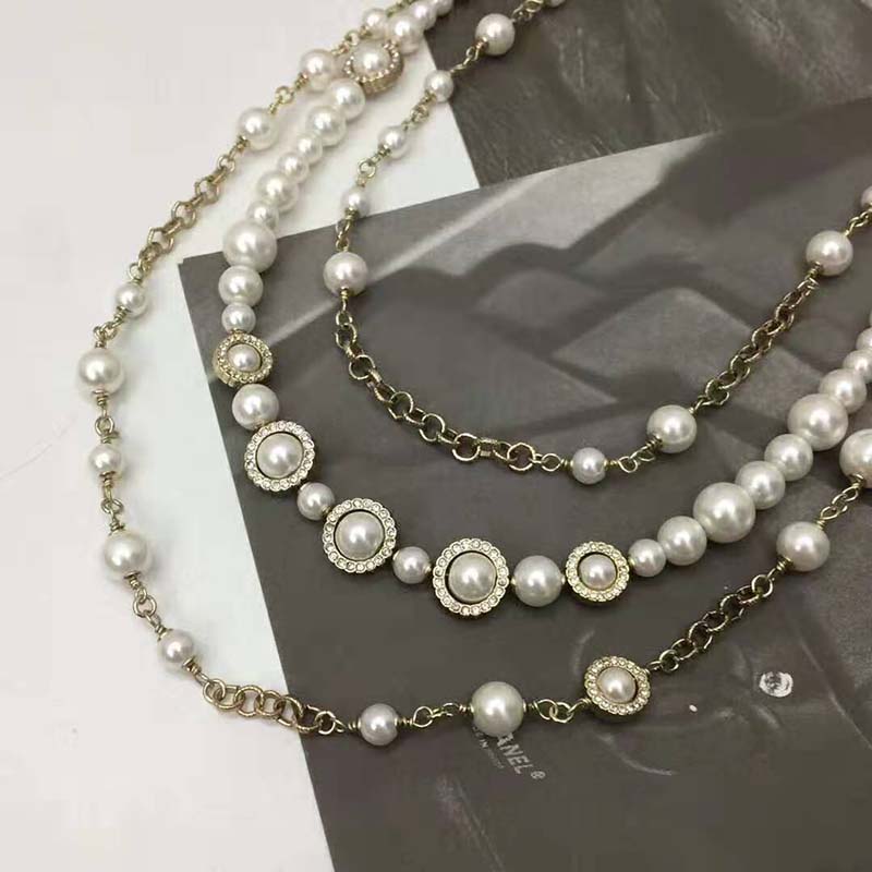 Chanel Women Long Necklace in Metal Glass Pearls & Diamantés-White