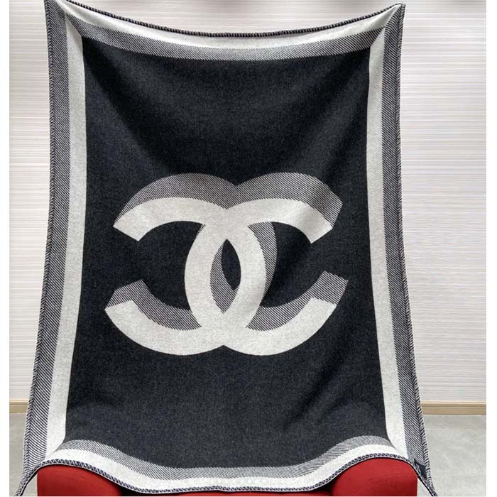 Chanel Unisex CC Cotton Wool Tweed Beige Black Multifunction Scarf Blanket