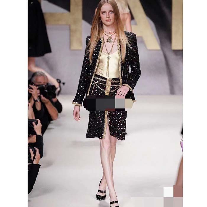 Chanel Women CC Chain Belt Lambskin Leather Gold-Tone Metal Strass Black