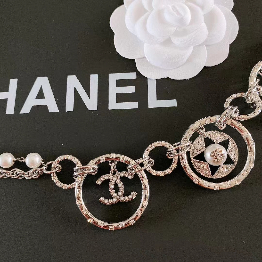 Chanel Women CC Chain Belt Metal Glass Pearls Imitation Pearls Strass Silver Pearly White Crystal