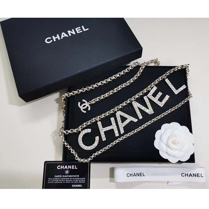 Chanel Women CC Belt Gold Tone Metal White Crystal Glass Diamond Chanel Logo