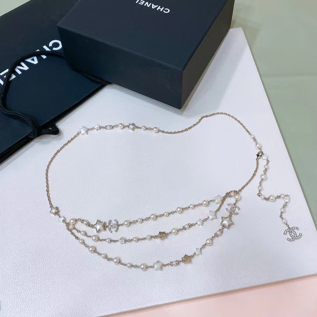 Chanel Women CC Chain Belt Metal Resin Glass Pearls Strass Gold Pearly White Crystal