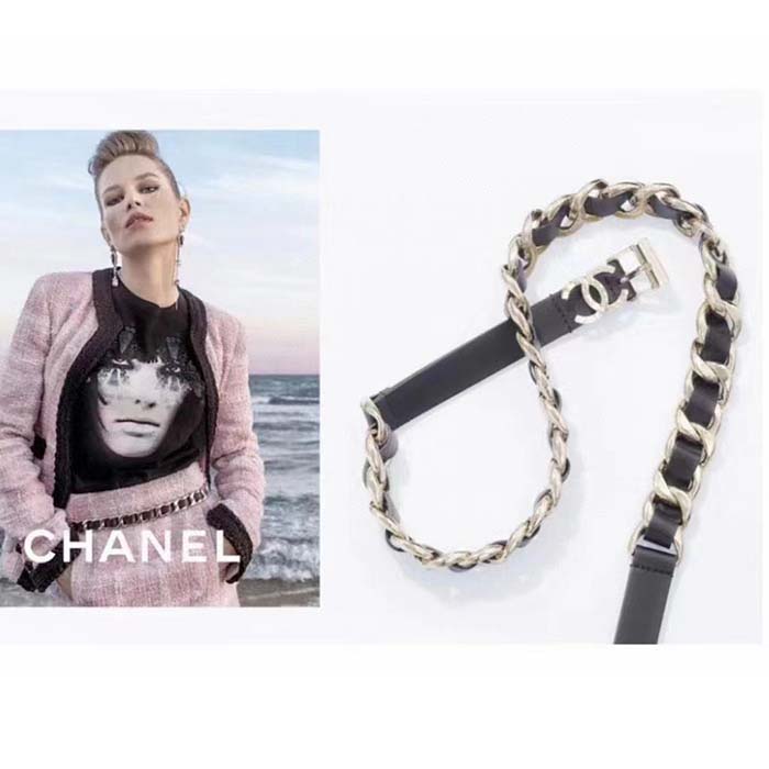 Chanel Women CC Chain Belt Calfskin Leather Silver-Tone Metal Strass Black