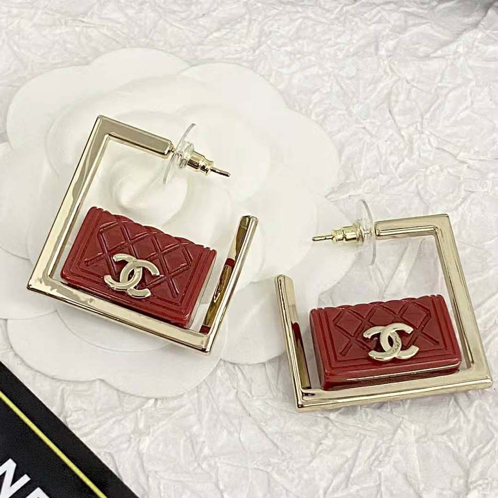 Chanel Women Hoop Earrings in Metal and Resin-Red