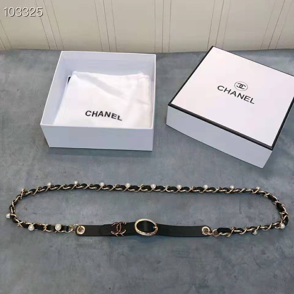 Chanel Women Lambskin Gold-Tone Metal & Glass Pearls Belt-Black