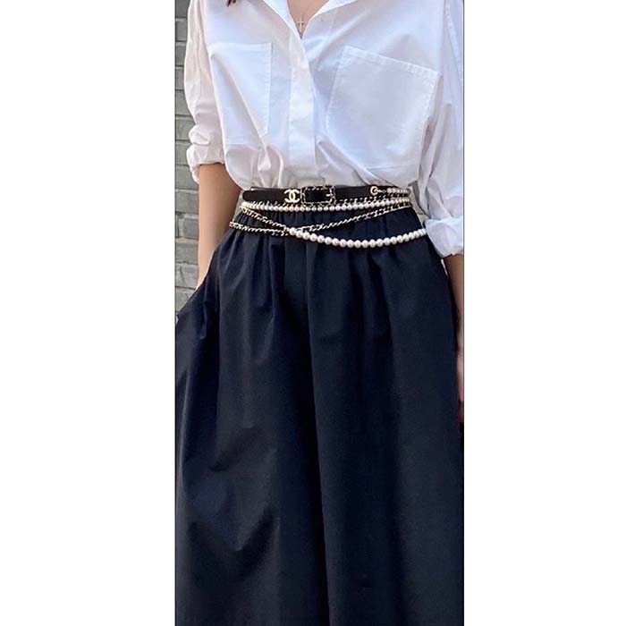 Chanel Women CC Belt Gold Metal Resin Glass Pearls Strass Black Calfskin Leather