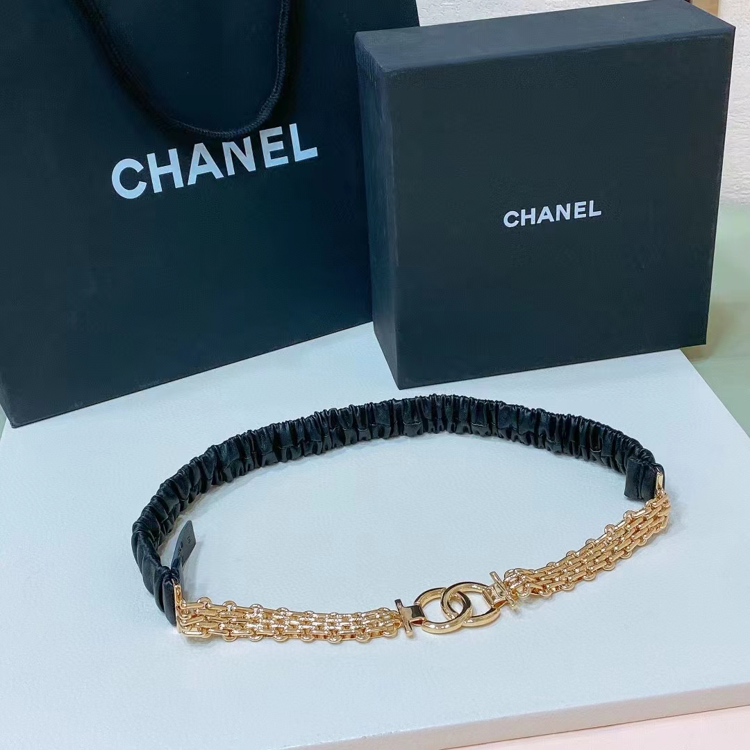 Chanel Women CC Chain Belt Lambskin Leather Gold-Tone Metal Strass Black