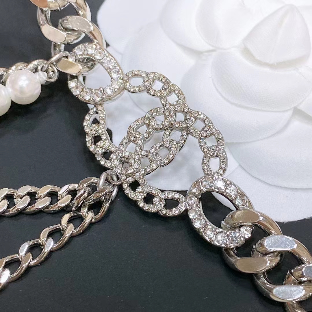 Chanel Women CC Chain Belt Metal Resin Glass Pearls Strass Silver Pearly White Crystal