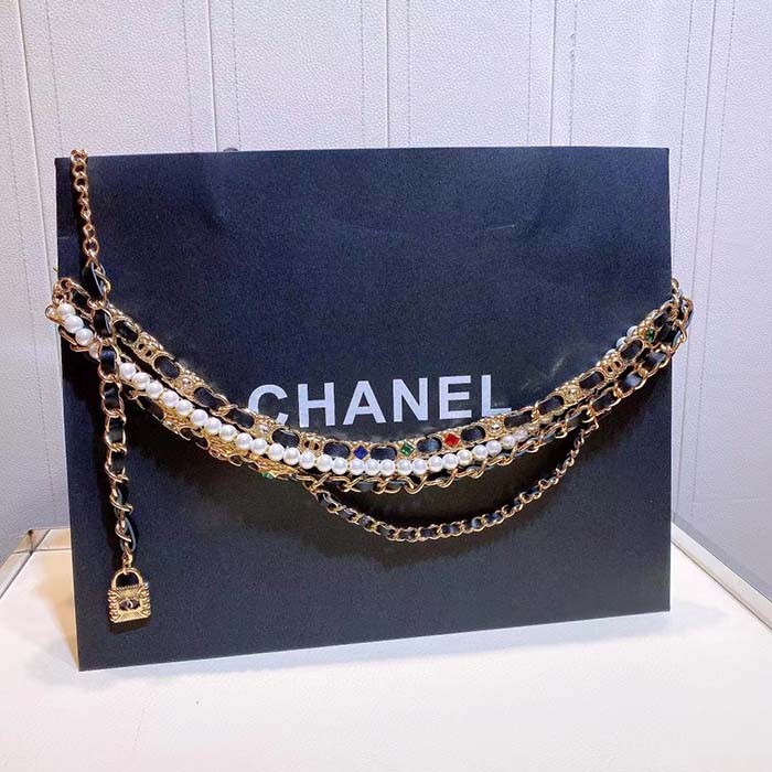 Chanel Women CC Chain Belt Gold Metal Resin Glass Pearls Strass Muticolor Diamonds Black Calfskin Leather