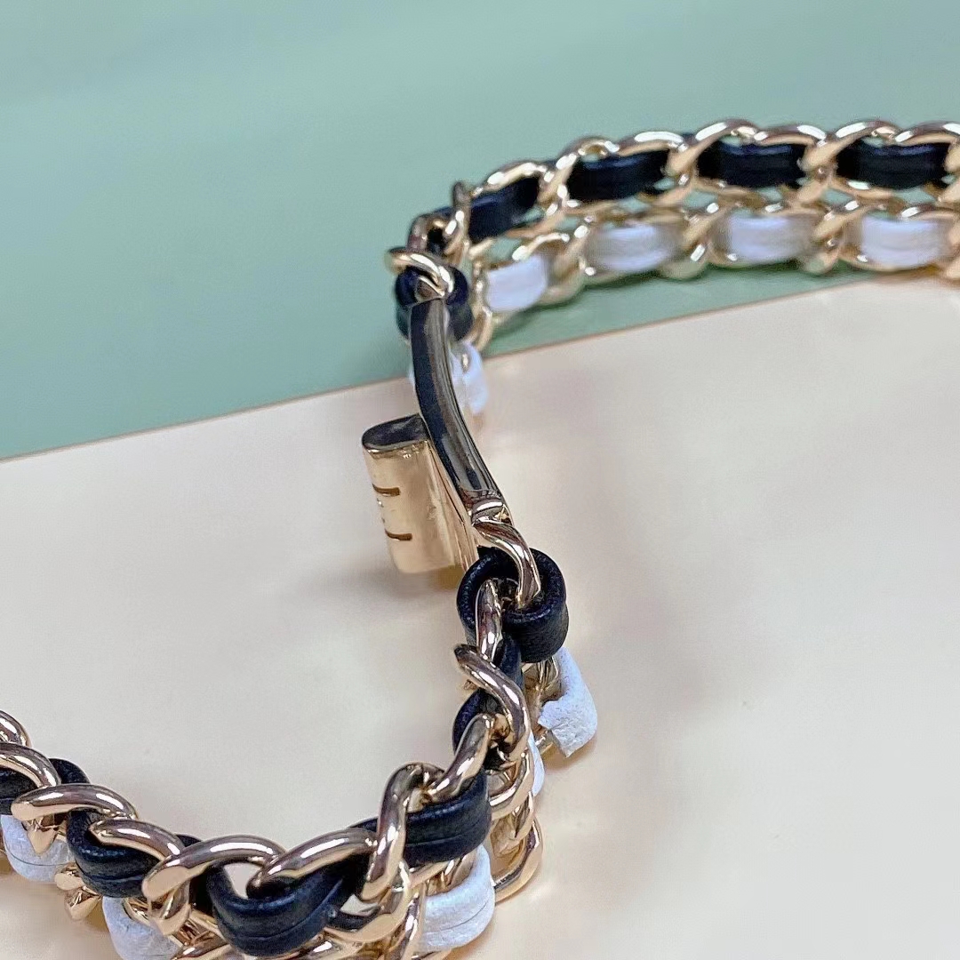 Chanel Women CC Belt Gold Tone Metal Black White Calfskin Lambskin Leather