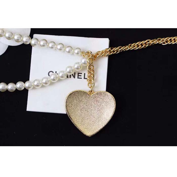 Chanel Women CC Chain Belt Metal Glass Pearls Gold Blue Pearly White