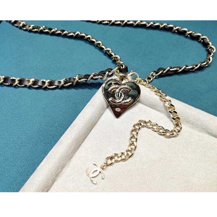 Chanel Women CC Belt Gold Metal Black Calfskin Leather Chanel Heart Shape Logo