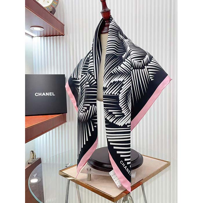 Chanel CC Women Square Scarf Silk Twill Black Light Pink