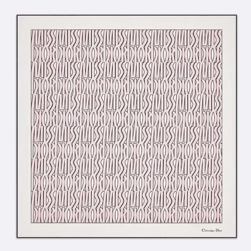 Dior Unisex Miss Dior Allover 90 Square Scarf White and Pale Pink Silk Twill